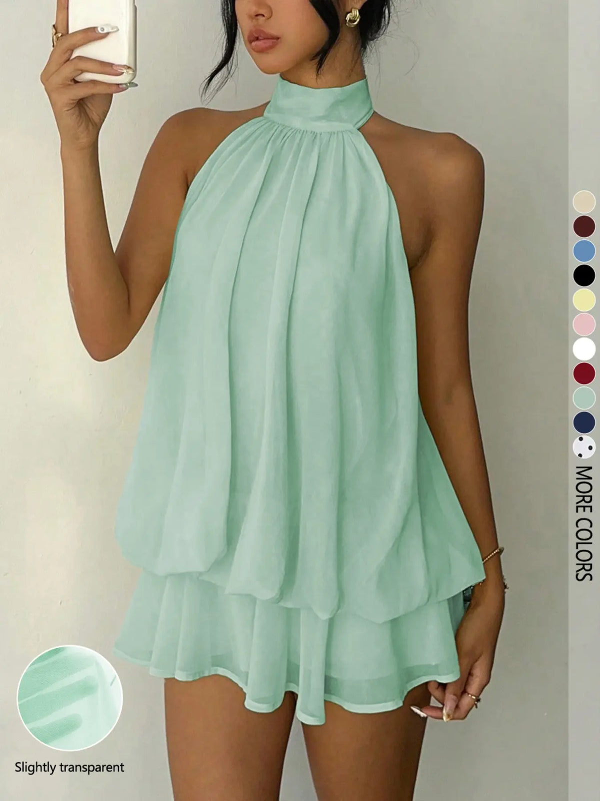 Women's Solid Backless Halter Sleeveless One‑Piece Jumpsuit, Elegant Ruffle Design, All‑Season Casual Fashion Outfit