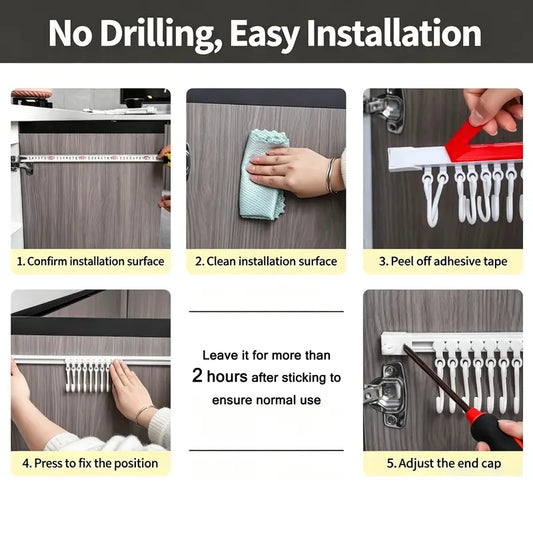10 Hooks Adhesive Slide Rail Hanging Rack Multifunctional Wall Storage Organizer for Kitchen Bathroom
