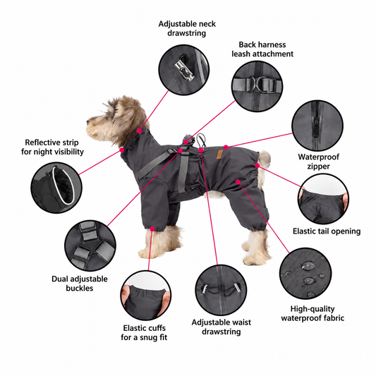 4-Leg Dog Raincoat with Built-In Harness, Adjustable Neck & Waist and Easy Back Zipper – Dog Coat for Small, Medium & Large Dogs