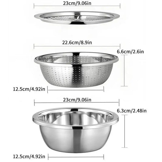 3-in-1 Stainless Steel Strainer Set with Basin, Sieve & Cutter for Rice Fruits Vegetables