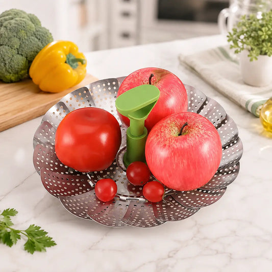 Foldable Stainless Steel Vegetable Steamer Basket with Extendable Handle, Expandable Steaming Insert for Pots