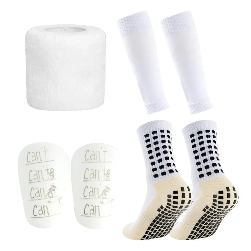 7‑Pcs Non‑Slip Football Grip Socks Set, Athletic Sports Socks Kit with Sleeves Bandages Mini Leg Guards for Soccer Running Training