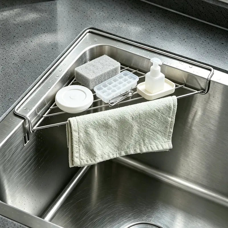 Stainless Steel Triangular Corner Sink Shelf, Drainage Open Wire Rack, Sponge Brush Cloth Holder for Kitchen Sink