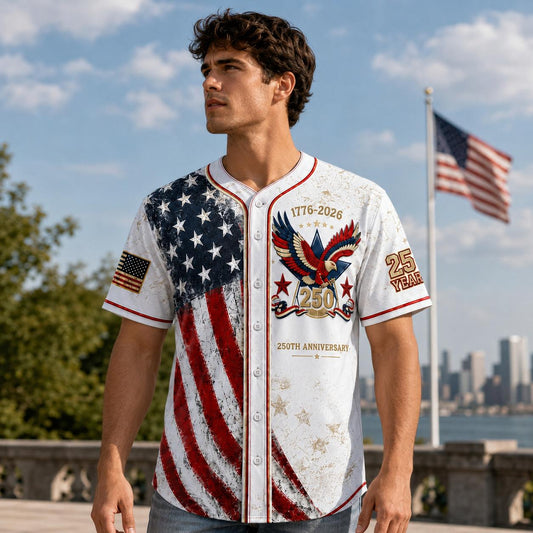 Unisex Patriotic Baseball Jersey, Vintage 250th Anniversary Button Down Shirt with Distressed American Flag Eagle Graphic for 4th of July Outfits 1776-2026