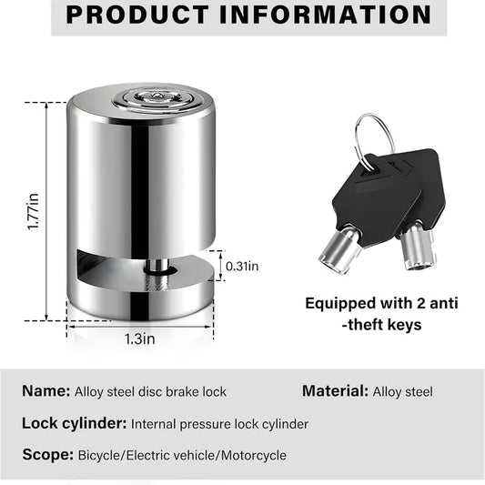 Mini Alloy Steel Disc Brake Lock with 2 Keys, Anti-Theft Security Lock for Motorcycle Electric Mountain Bike