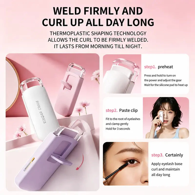 USB Rechargeable Heated Eyelash Curler Thermo-Sensitive Silicone Pad Fast Lash Lift for Travel Daily Makeup
