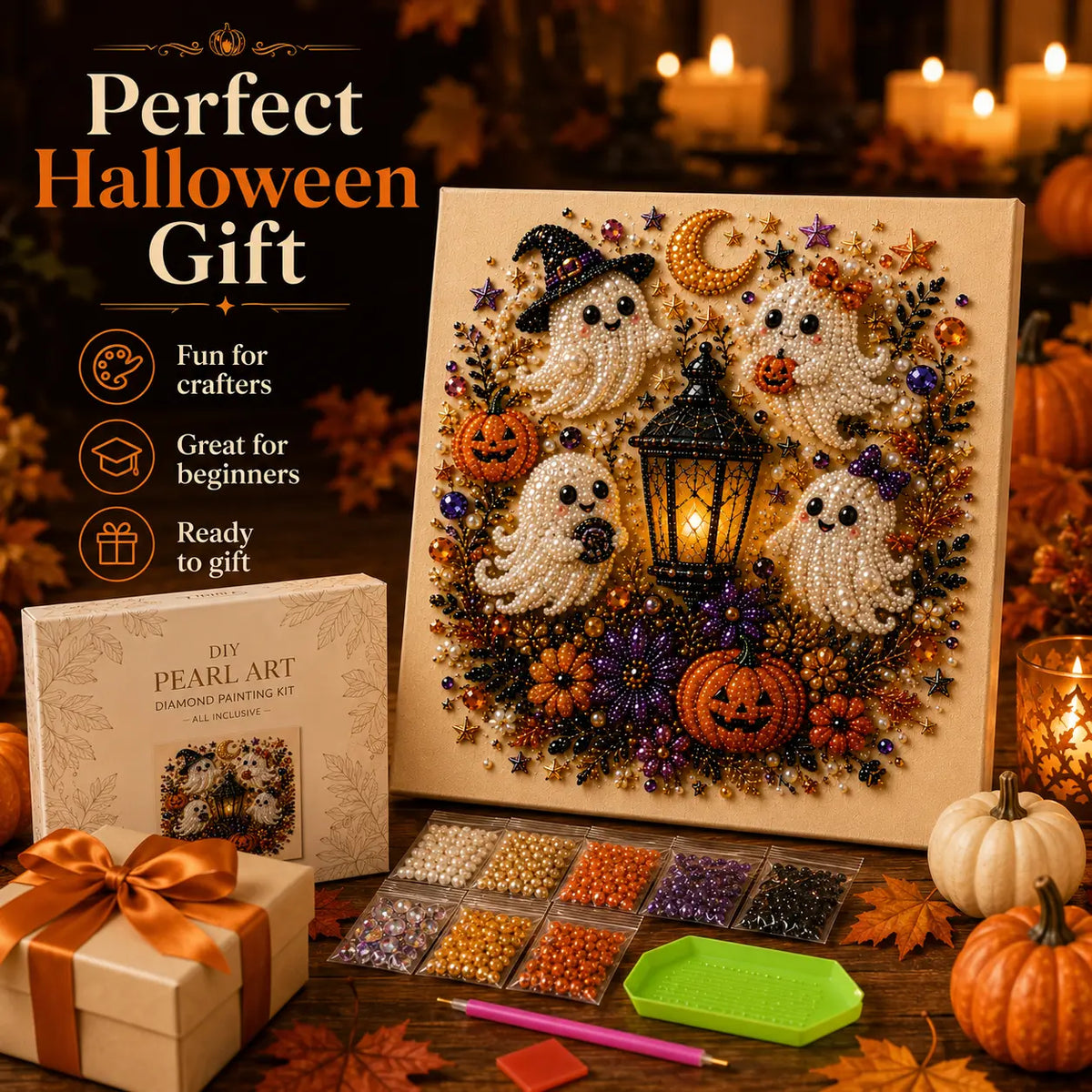 8×8in Spooky Cute Ghost 3D Pearl Diamond Painting DIY Kit, No‑Light Fall Handicraft Set, Home Wall Art Decor Holiday Party Gift