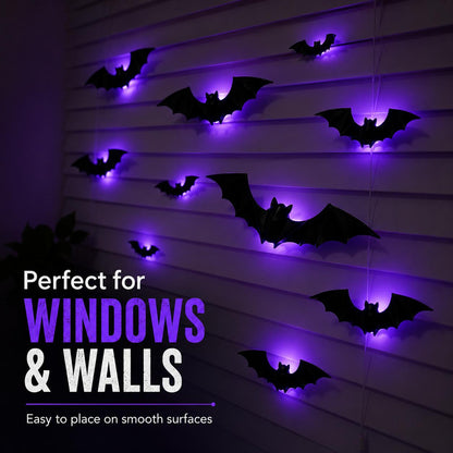 12Pcs/24Pcs 3D Bat LED Halloween Decor, Bendable Glowing Wall Stickers, Battery Powered Easy Installation for Party Window Home Indoor