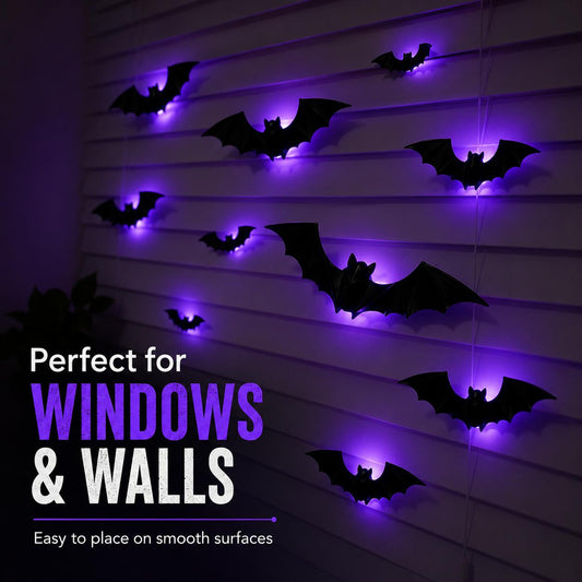 12/24 peças de LED de Morcego 3D para Decoração de Halloween, Adesivos de Parede Dobráveis que Brilham, Alimentado por Bateria, Fácil Instalação para Festas, Janelas, Casa e Ambientes Internos