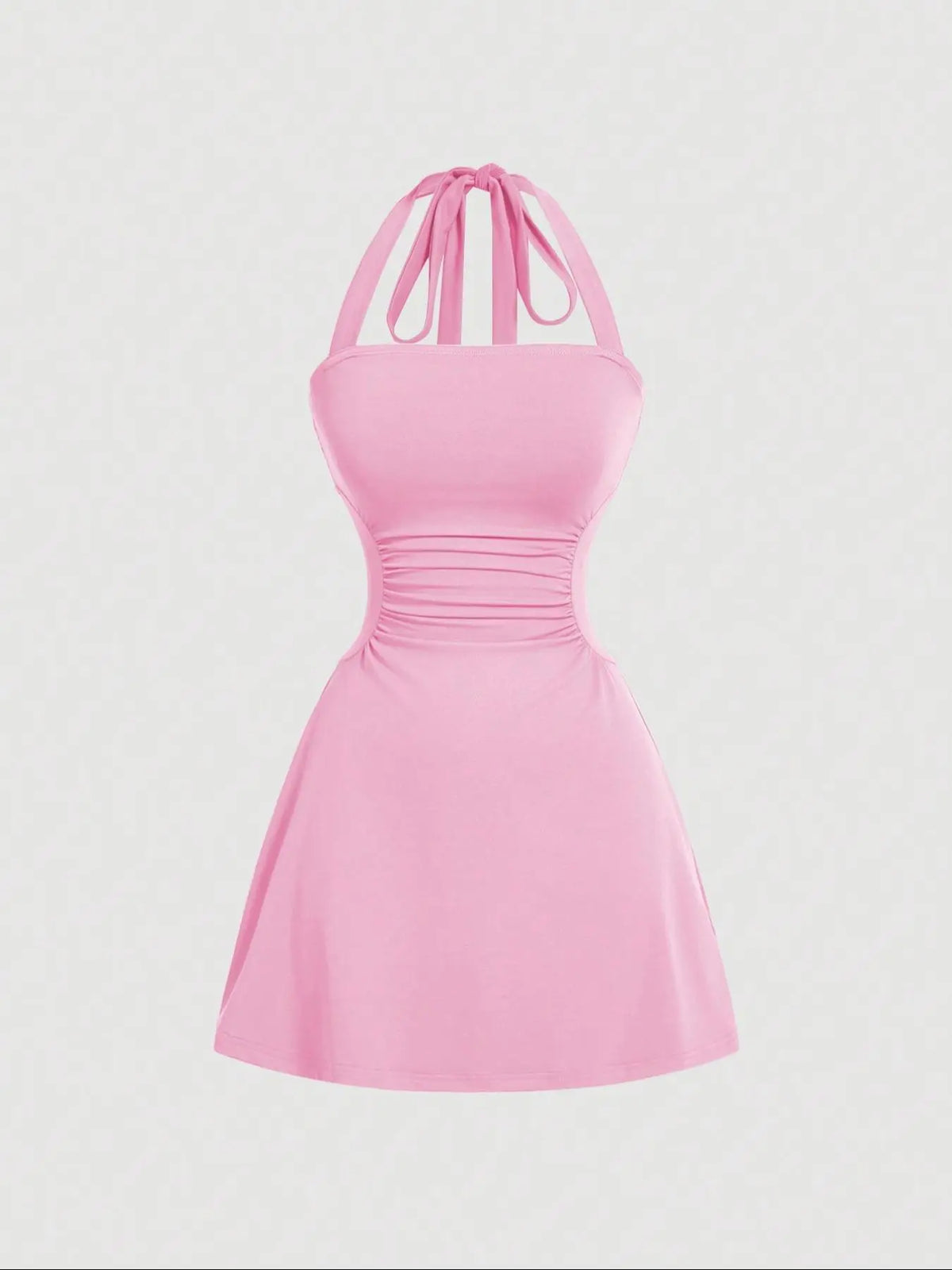 Women's Ruched Tie‑Back Halter Dress, Casual Sleeveless A‑Line Short Summer Dress for Daily Wear