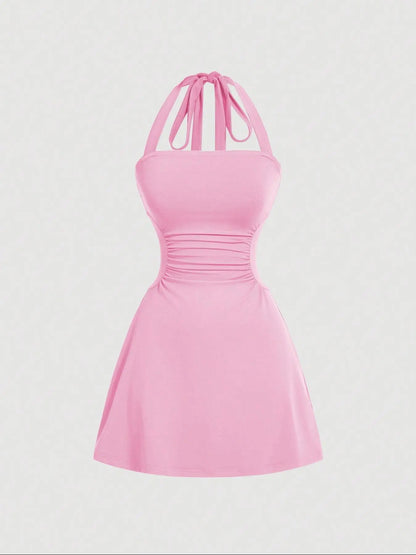 Women's Ruched Tie‑Back Halter Dress, Casual Sleeveless A‑Line Short Summer Dress for Daily Wear