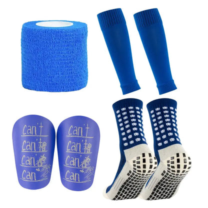 7‑Pcs Non‑Slip Football Grip Socks Set, Athletic Sports Socks Kit with Sleeves Bandages Mini Leg Guards for Soccer Running Training