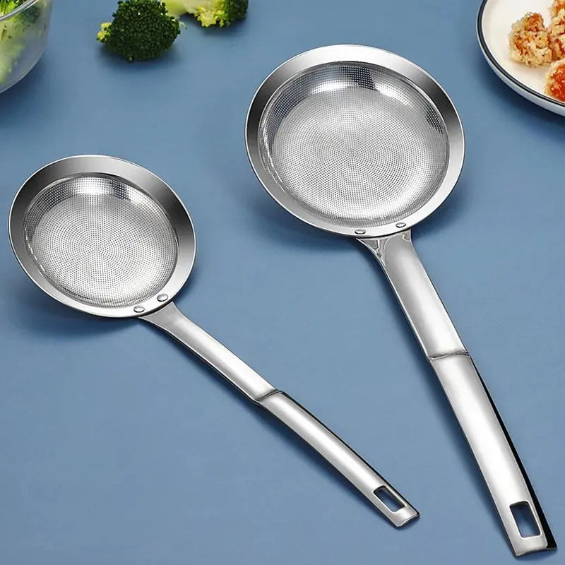 Filter Scoop SUS304 Stainless Steel Fat Skimmer Spoon Fine Mesh Strainer Food Strainer With Handle Kitchen Oil Skimmer Strainer FU