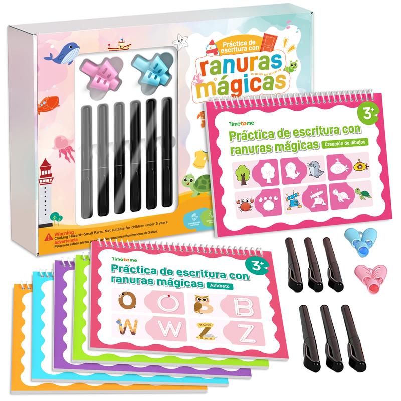 Spanish Reusable Grooved Handwriting Workbook for Kids, Learning Materials, 6 Books–Early Elementary, Covers Math, Words, Drawing