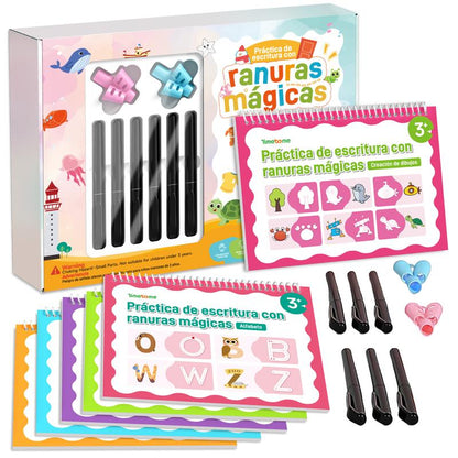 Spanish Reusable Grooved Handwriting Workbook for Kids, Learning Materials, 6 Books–Early Elementary, Covers Math, Words, Drawing