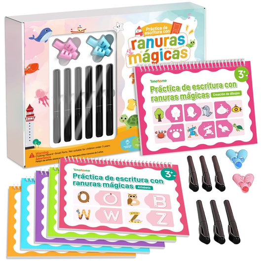 Cuaderno de caligrafía reutilizable en español con ranuras para niños, materiales de aprendizaje, 6 libros – Primaria temprana, cubre matemáticas, palabras, dibujo