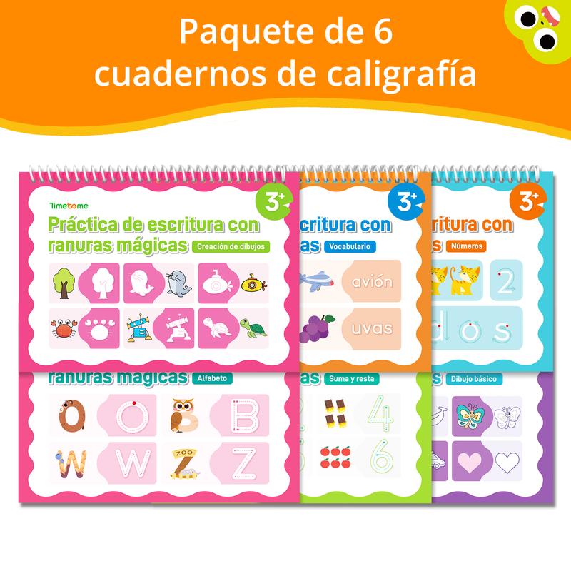 Spanish Reusable Grooved Handwriting Workbook for Kids, Learning Materials, 6 Books–Early Elementary, Covers Math, Words, Drawing