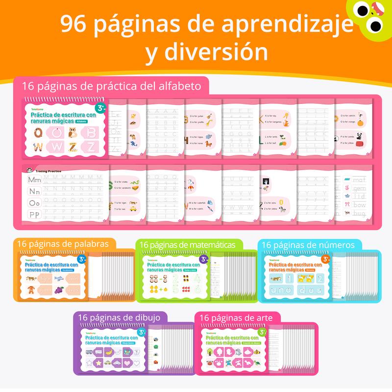 Spanish Reusable Grooved Handwriting Workbook for Kids, Learning Materials, 6 Books–Early Elementary, Covers Math, Words, Drawing