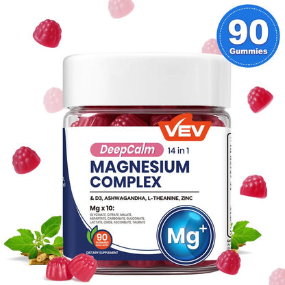 Gominolas de glicinato de magnesio DeepCalm de VEV, 90 unidades — 14 en 1 con ashwagandha, D3 y zinc, veganas, sin azúcar