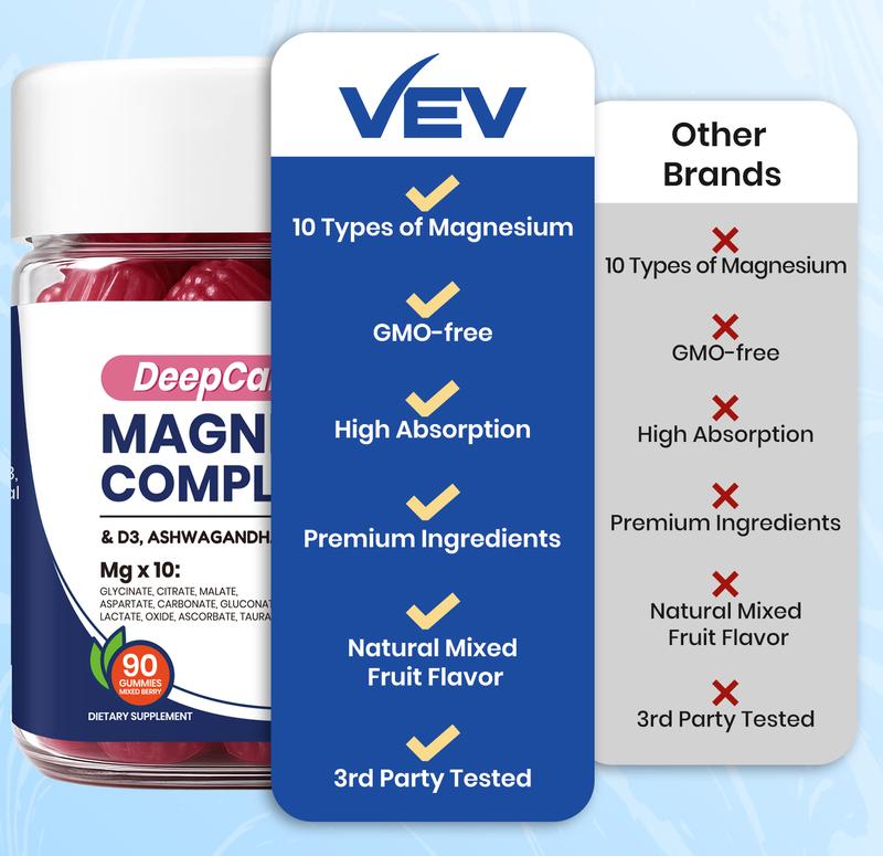 Gominolas de glicinato de magnesio DeepCalm de VEV, 90 unidades — 14 en 1 con ashwagandha, D3 y zinc, veganas, sin azúcar