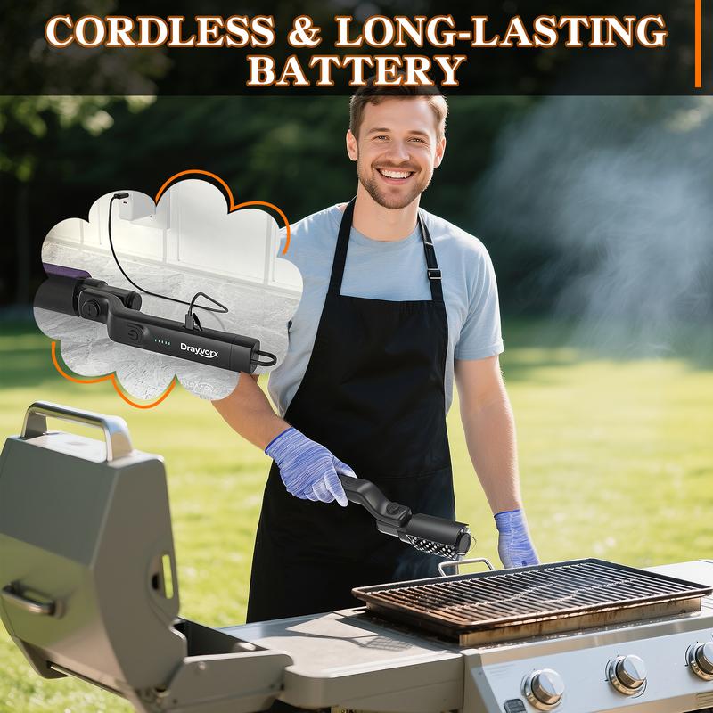 Drayvorx Cepillo Eléctrico Inalámbrico 2 en 1 para Parrilla y Limpiador Rotatorio, Limpiador de Grasa para Barbacoa de 3 Velocidades