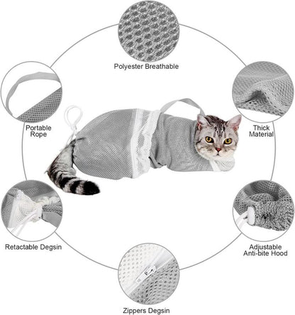 Portable Adjustable Cat Bath Mesh Bag Safe Pet Grooming Bag for Bath Nail Trim Injection Travel
