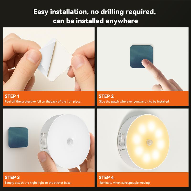 2PCS Motion Sensor Night Light, USB Rechargeable Magnetic Warm Lamp for Closet, Stairs, Bathroom & Garage