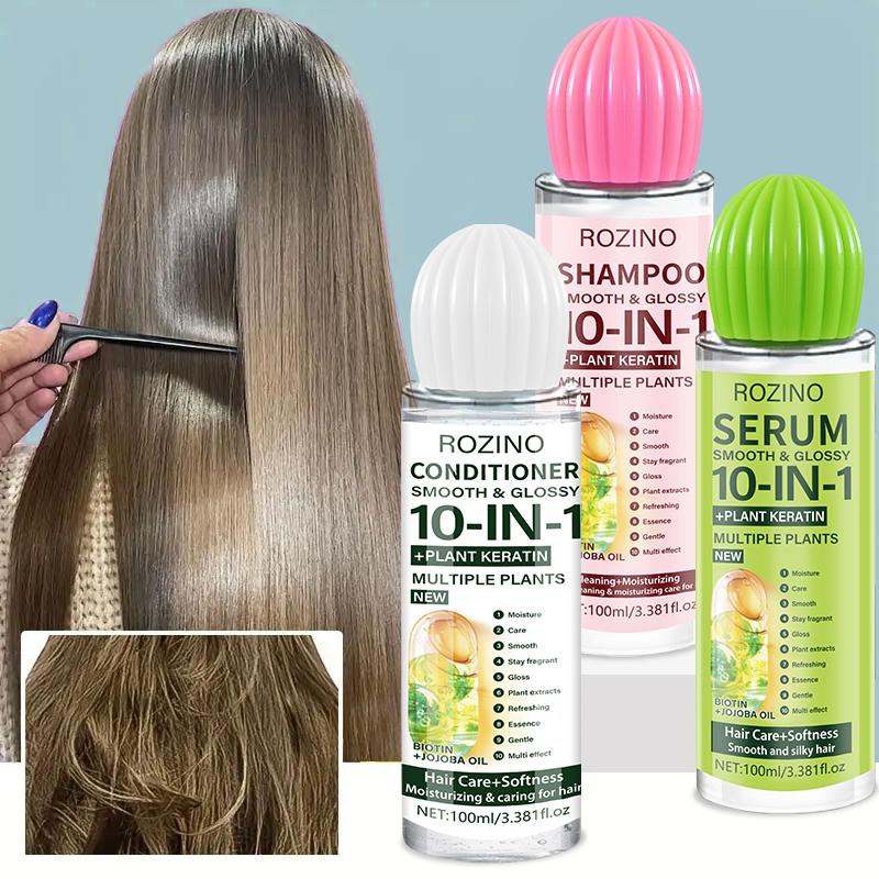 ROZINO 3Pcs Hair Care Set Shampoo Conditioner Hair Serum with Keratin Biotin & Jojoba Oil