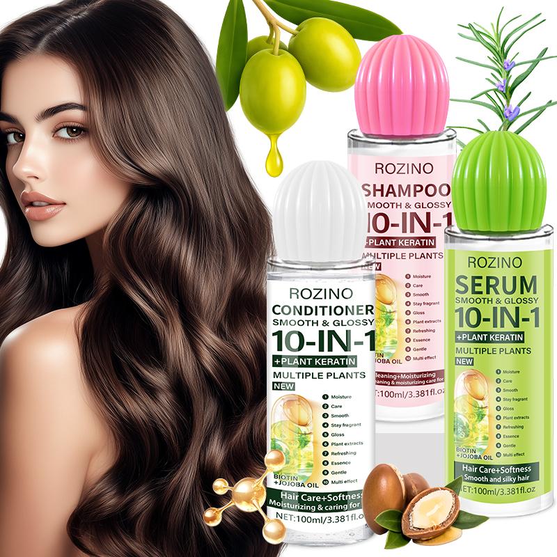 ROZINO 3Pcs Hair Care Set Shampoo Conditioner Hair Serum with Keratin Biotin & Jojoba Oil