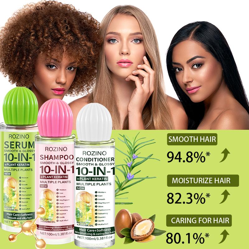 ROZINO 3Pcs Hair Care Set Shampoo Conditioner Hair Serum with Keratin Biotin & Jojoba Oil