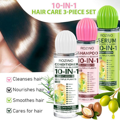 ROZINO 3Pcs Hair Care Set Shampoo Conditioner Hair Serum with Keratin Biotin & Jojoba Oil