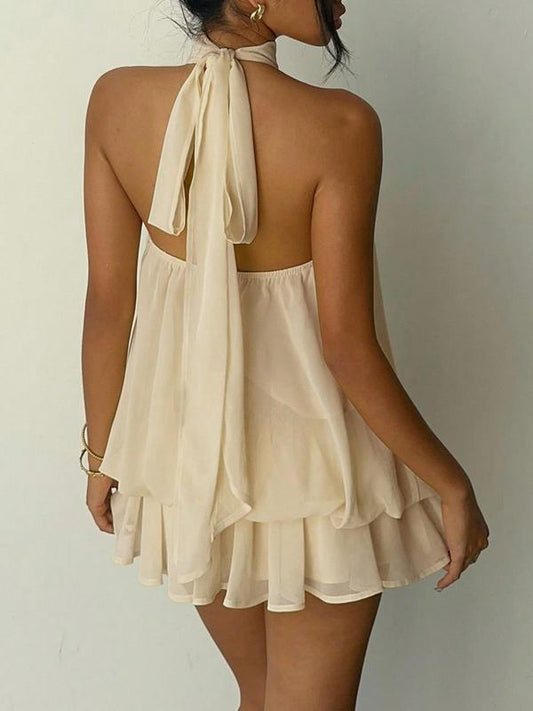 Women's Solid Backless Halter Sleeveless One‑Piece Jumpsuit, Elegant Ruffle Design, All‑Season Casual Fashion Outfit