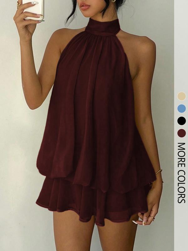 Women's Solid Backless Halter Sleeveless One‑Piece Jumpsuit, Elegant Ruffle Design, All‑Season Casual Fashion Outfit