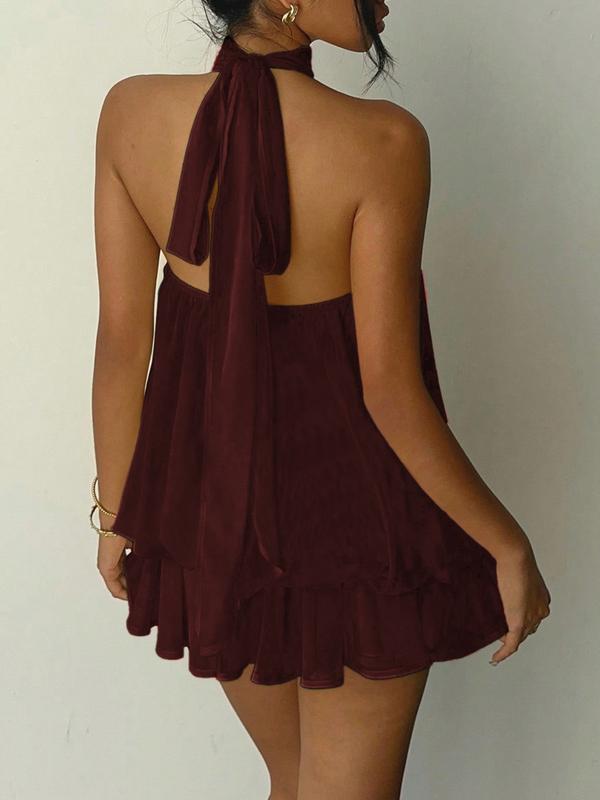 Women's Solid Backless Halter Sleeveless One‑Piece Jumpsuit, Elegant Ruffle Design, All‑Season Casual Fashion Outfit