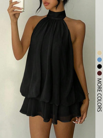 Women's Solid Backless Halter Sleeveless One‑Piece Jumpsuit, Elegant Ruffle Design, All‑Season Casual Fashion Outfit