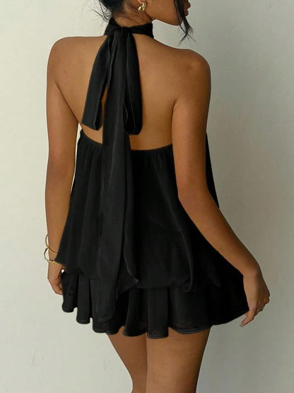 Women's Solid Backless Halter Sleeveless One‑Piece Jumpsuit, Elegant Ruffle Design, All‑Season Casual Fashion Outfit