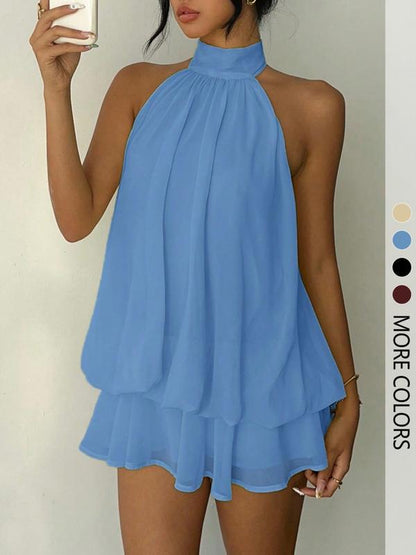 Women's Solid Backless Halter Sleeveless One‑Piece Jumpsuit, Elegant Ruffle Design, All‑Season Casual Fashion Outfit