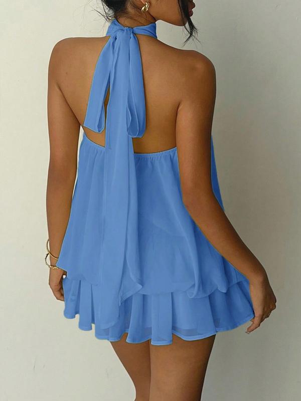 Women's Solid Backless Halter Sleeveless One‑Piece Jumpsuit, Elegant Ruffle Design, All‑Season Casual Fashion Outfit