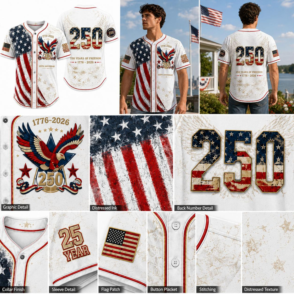 Unisex Patriotic Baseball Jersey, Vintage 250th Anniversary Button Down Shirt with Distressed American Flag Eagle Graphic for 4th of July Outfits 1776-2026