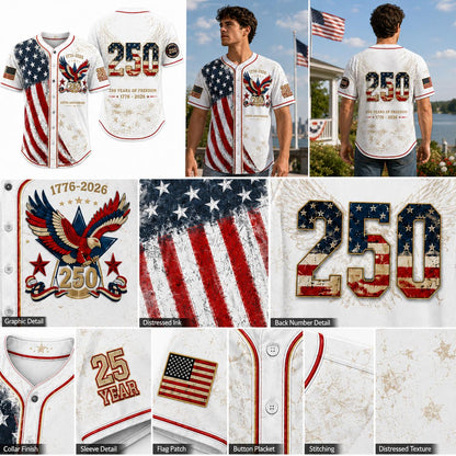 Unisex Patriotic Baseball Jersey, Vintage 250th Anniversary Button Down Shirt with Distressed American Flag Eagle Graphic for 4th of July Outfits 1776-2026