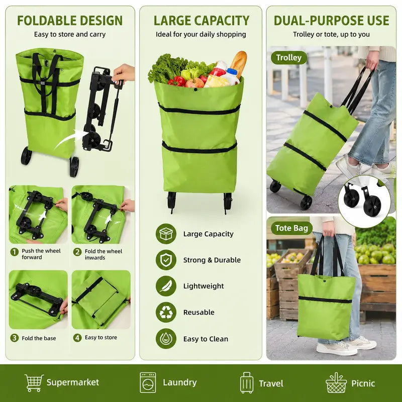 Portable Foldable Wheeled Shopping Trolley Bag Reusable Grocery Rolling Tote for Laundry Travel
