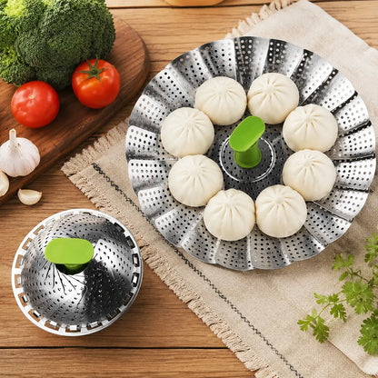 Foldable Stainless Steel Vegetable Steamer Basket with Extendable Handle, Expandable Steaming Insert for Pots