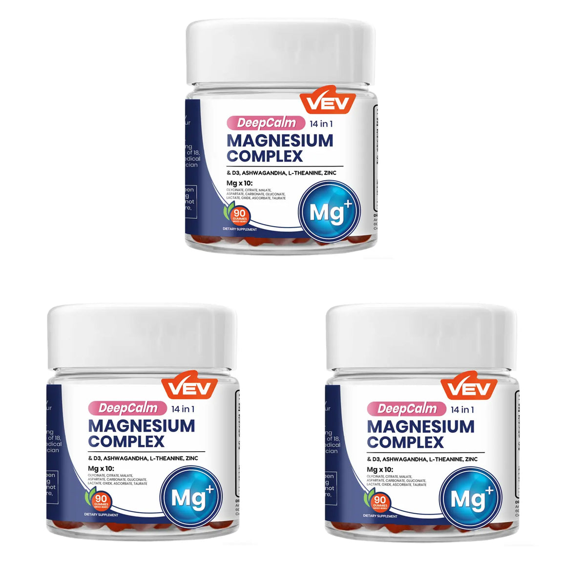 Gominolas de glicinato de magnesio DeepCalm de VEV, 90 unidades — 14 en 1 con ashwagandha, D3 y zinc, veganas, sin azúcar