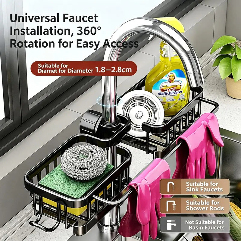 Stainless Steel Hanging Faucet Sink Organizer Rack with Drip Tray, Detachable Sponge Holder for Kitchen & Bathroom