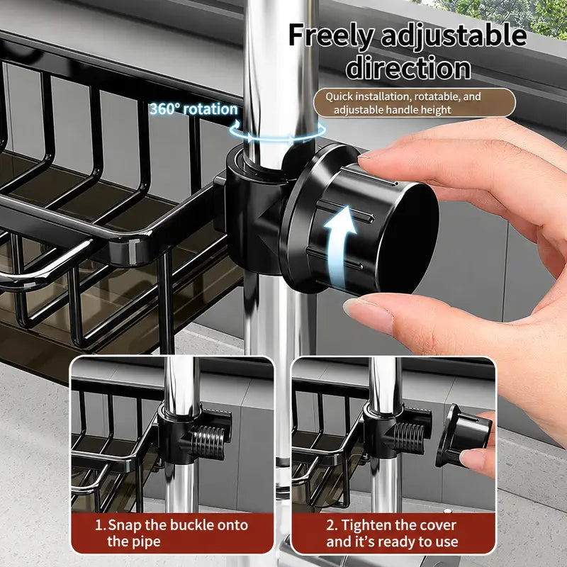Stainless Steel Hanging Faucet Sink Organizer Rack with Drip Tray, Detachable Sponge Holder for Kitchen & Bathroom