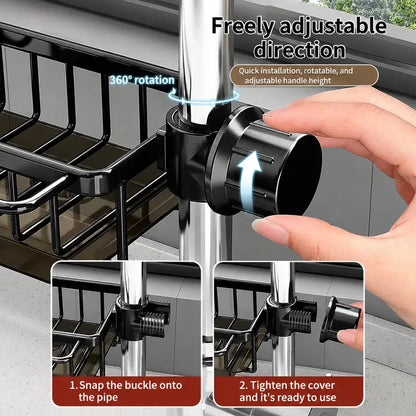 Stainless Steel Hanging Faucet Sink Organizer Rack with Drip Tray, Detachable Sponge Holder for Kitchen & Bathroom