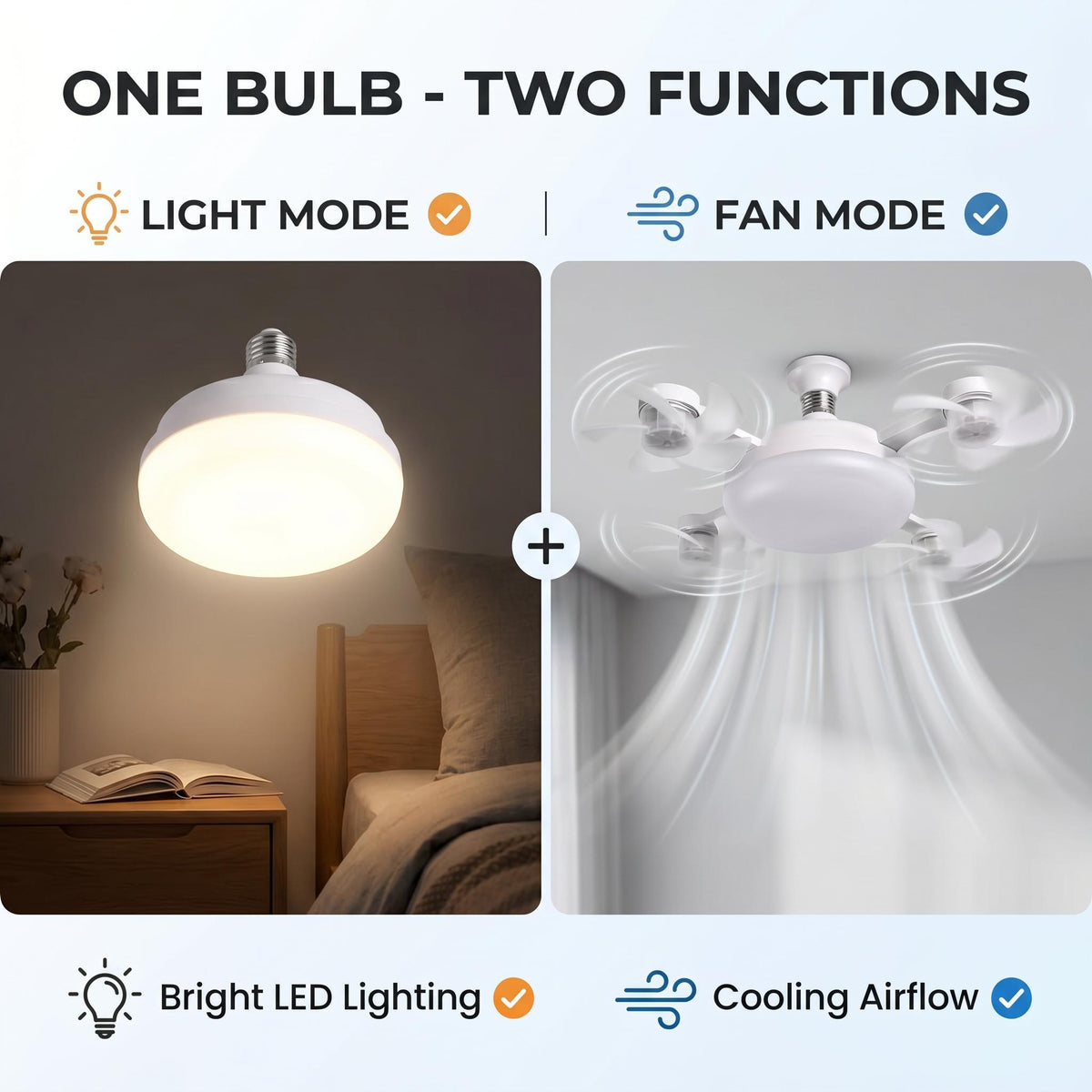 2-in-1 Ceiling Fan + LED Light — Screws Into Any E27 Socket, No Wiring, Remote Included