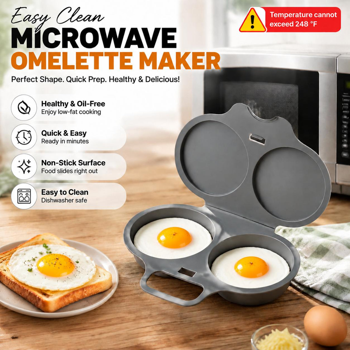 Microwave Egg Steamer Mold 2 Cup, BPA-Free PP Non-Stick Egg & Omelette Maker, Easy Clean Kitchen Gadget Dark Gray