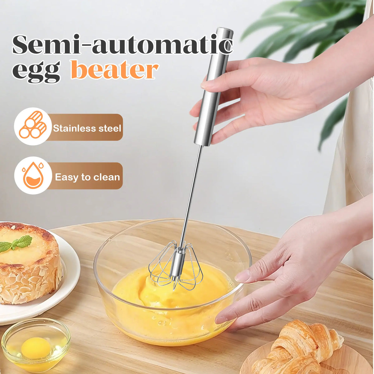 QQ Hand Push Rotary Whisk Stainless Steel Semi-Automatic Egg Coffee Mixer Kitchen Tool