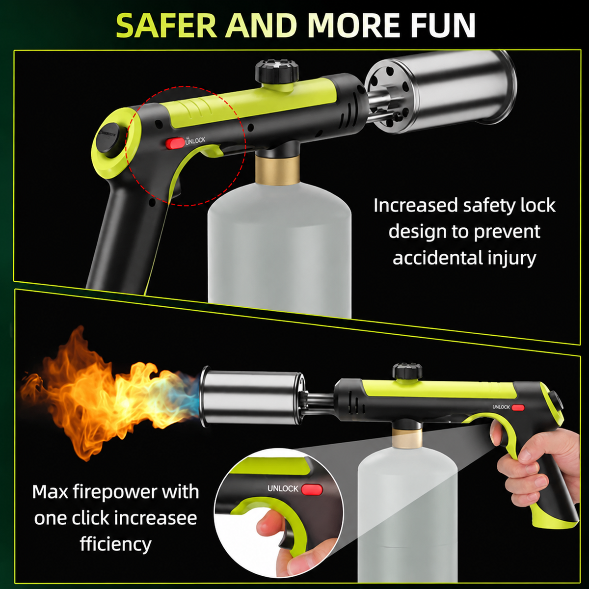 Powerful Propane Torch(Propane Tank Not Included),With One-Touch Max Fire Button and Safety Lock, Adjustable Blow Torch for Sous Vide Searing Steak